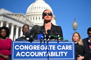 Actress and model Paris Hilton speaks during a news conference outside the U.S. Capitol October 20, 2021 in Washington, DC.